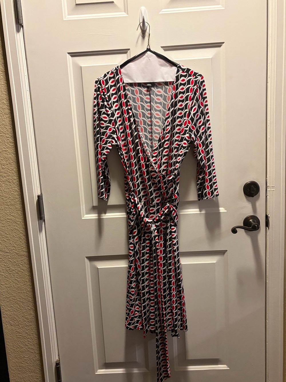 AB Studio Black, White & Red Geometric Wrap Midi Dress